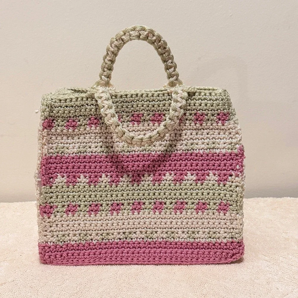 Brigit-Mary Pink Beige Crochet Floral Top Handle Satchel Handbag Knit Purse